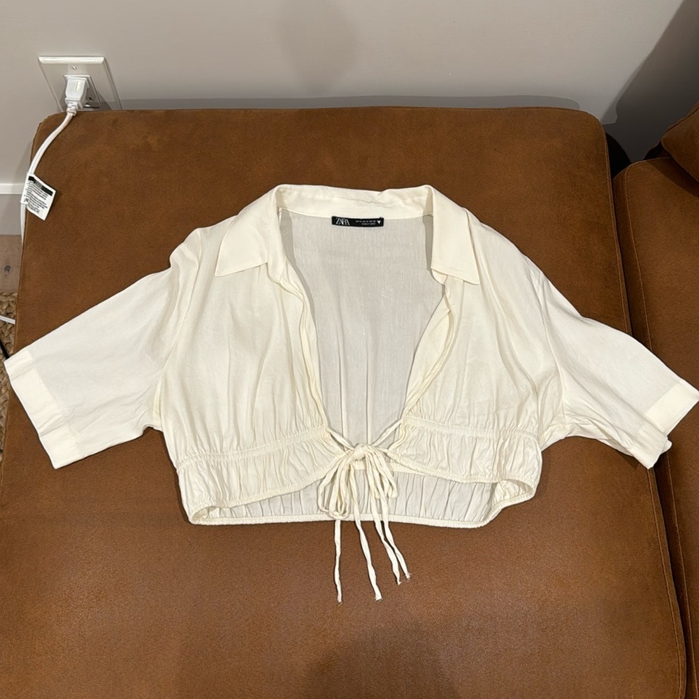Zara Pleated Linen Blended Crop top blouse - Picture 1 of 4